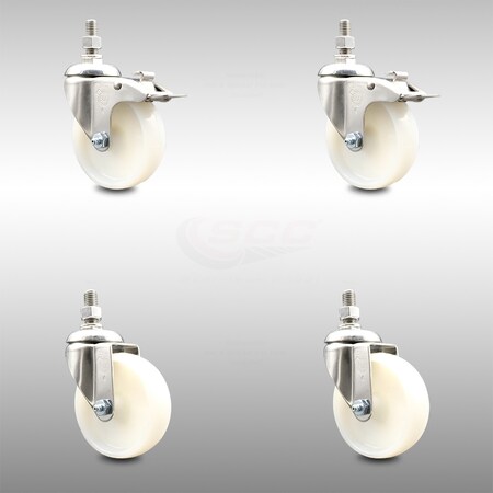 Service Caster 4 Inch 316SS Nylon Wheel Swivel 10mm Threaded Stem Caster Lock Brake, 2PK SCC-SS316TSTTL20S414-NYS-M1015-2-S2